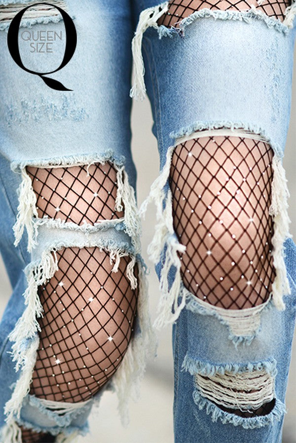Scattered Rhinestone Fishnet Stockings (Queen)