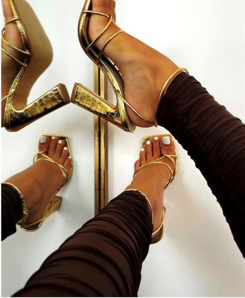 "Alexandra" Strappy Gold Block Heels