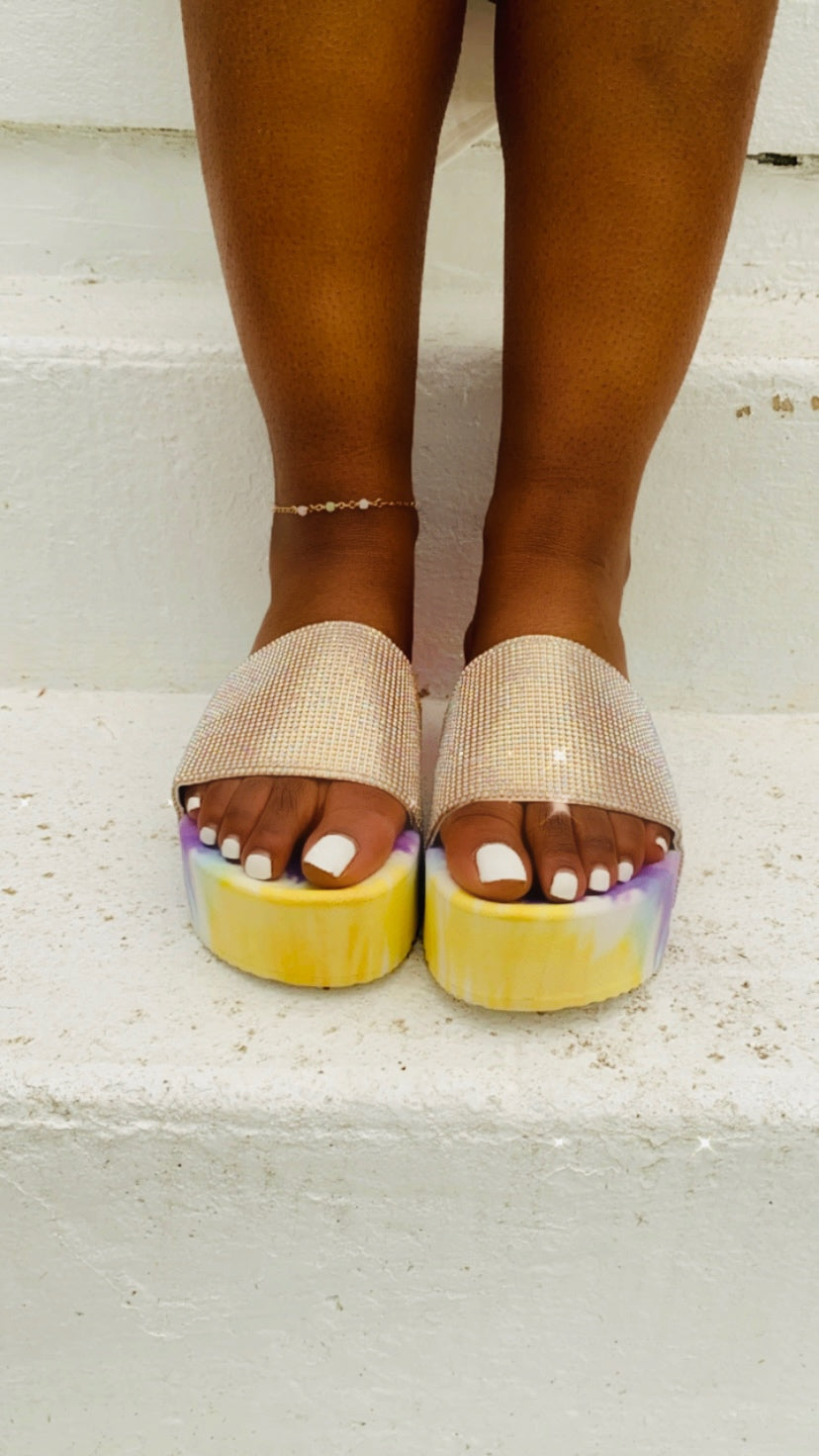 "Shanice" Rainbow Tie-Dye Platform Jeweled Sandals