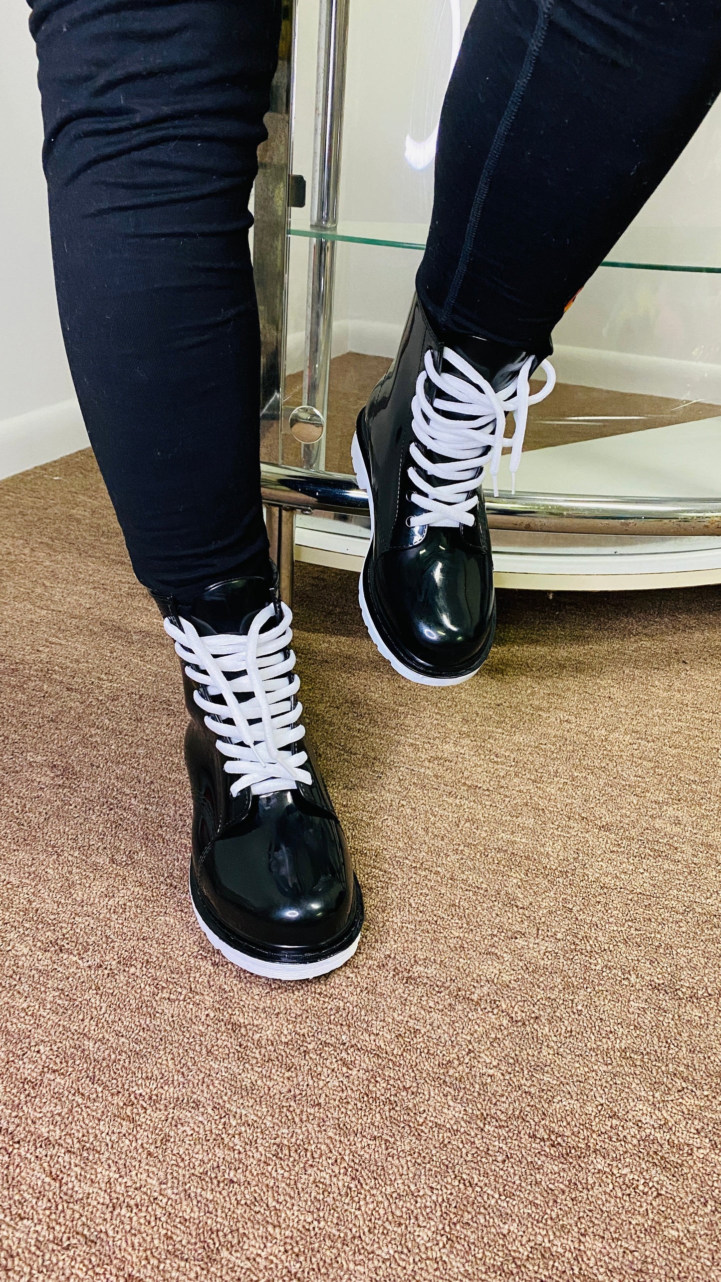"Janet" Black/White Lace up Rain Boots