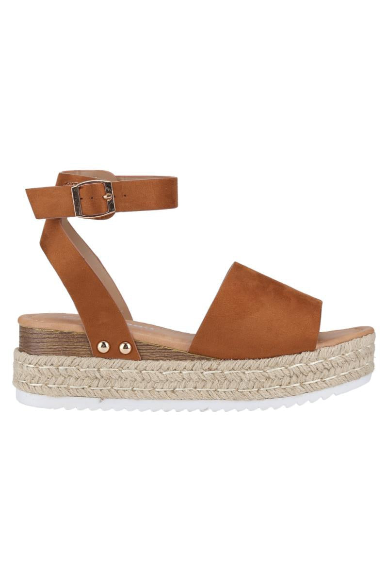 "Goldie" Tan Ankle Buckle Wedge Sandals