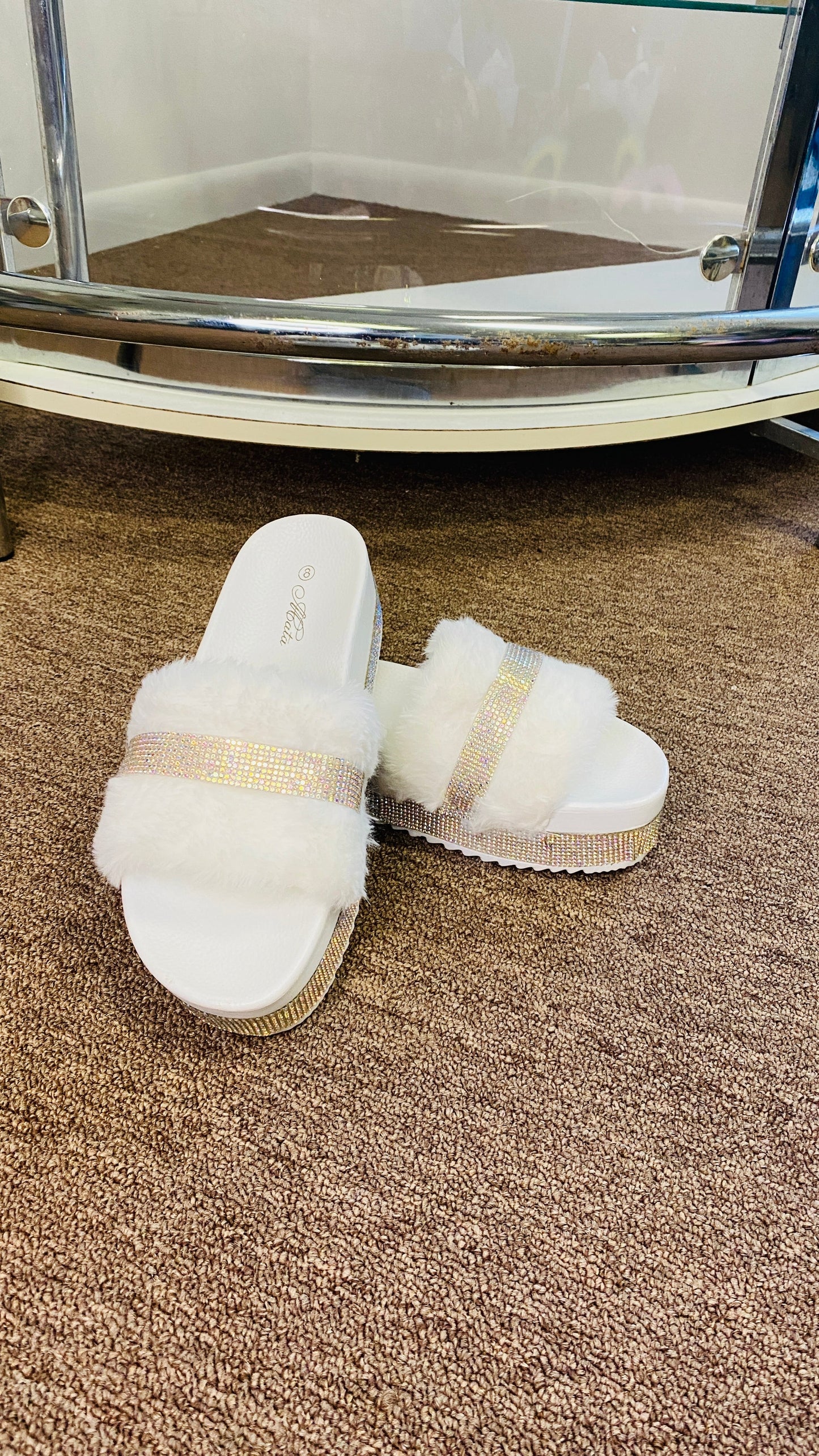 "Nia" White Jeweled Platform Faux Fur Slides