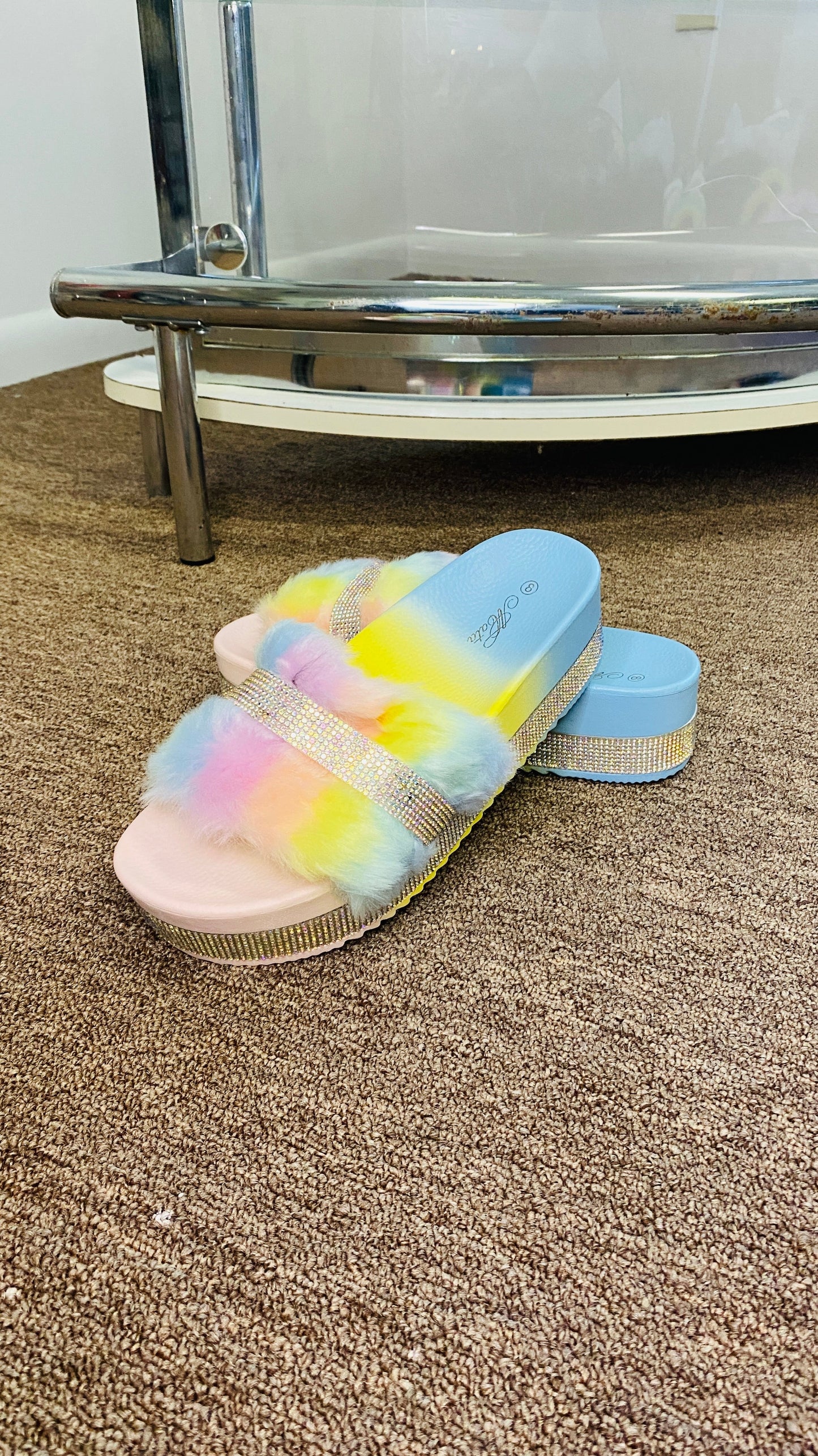 "Nia" Rainbow Jeweled Platform Faux Fur Slides