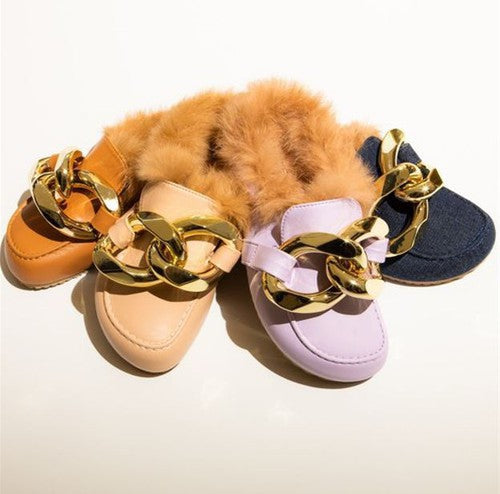 "Harvey” Tan Faux Fur Mules