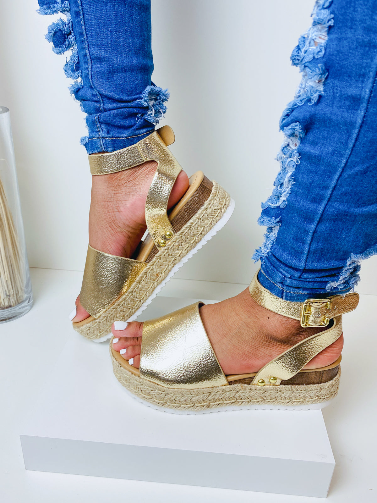 "Goldie" Gold Ankle Buckle Wedge Sandals