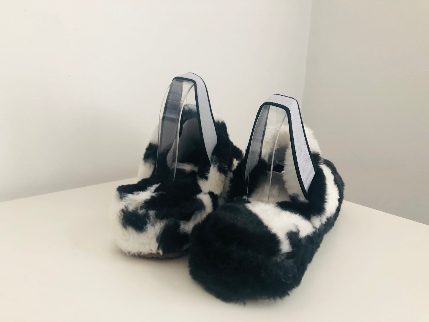 "Snuggles" Cow Pattern Faux Fur Platform Slides