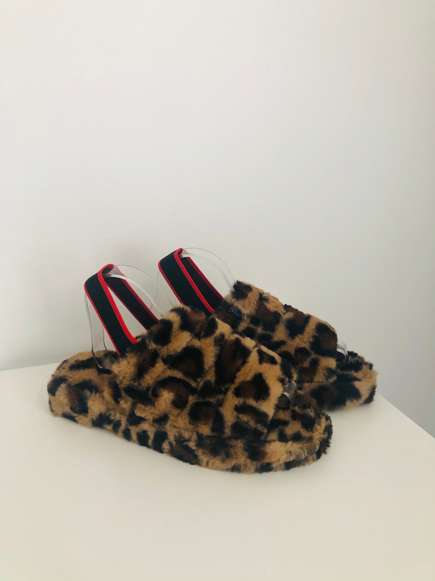 "Snuggles" Leopard Print Faux Fur Platform Slides