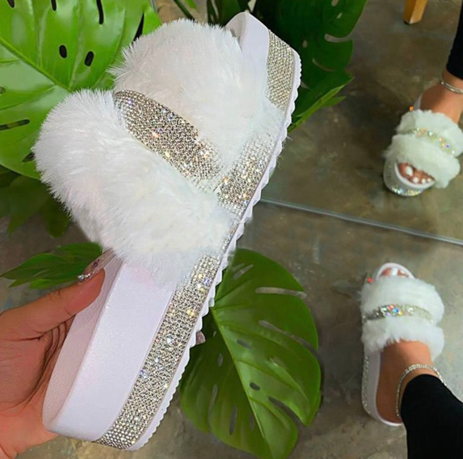 Haley Jeweled Faux Fur Slides