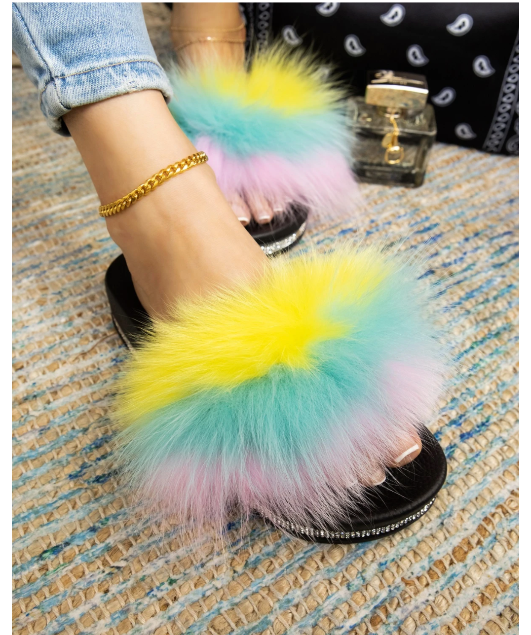 "Haley" Rainbow Jeweled Faux Fur Slides