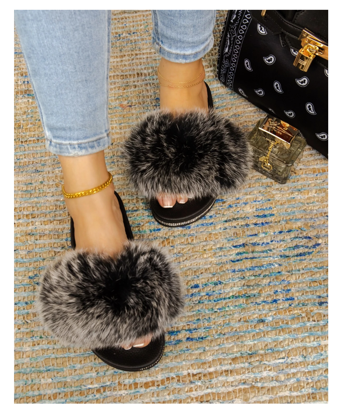 Haley Jeweled Faux Fur Slides