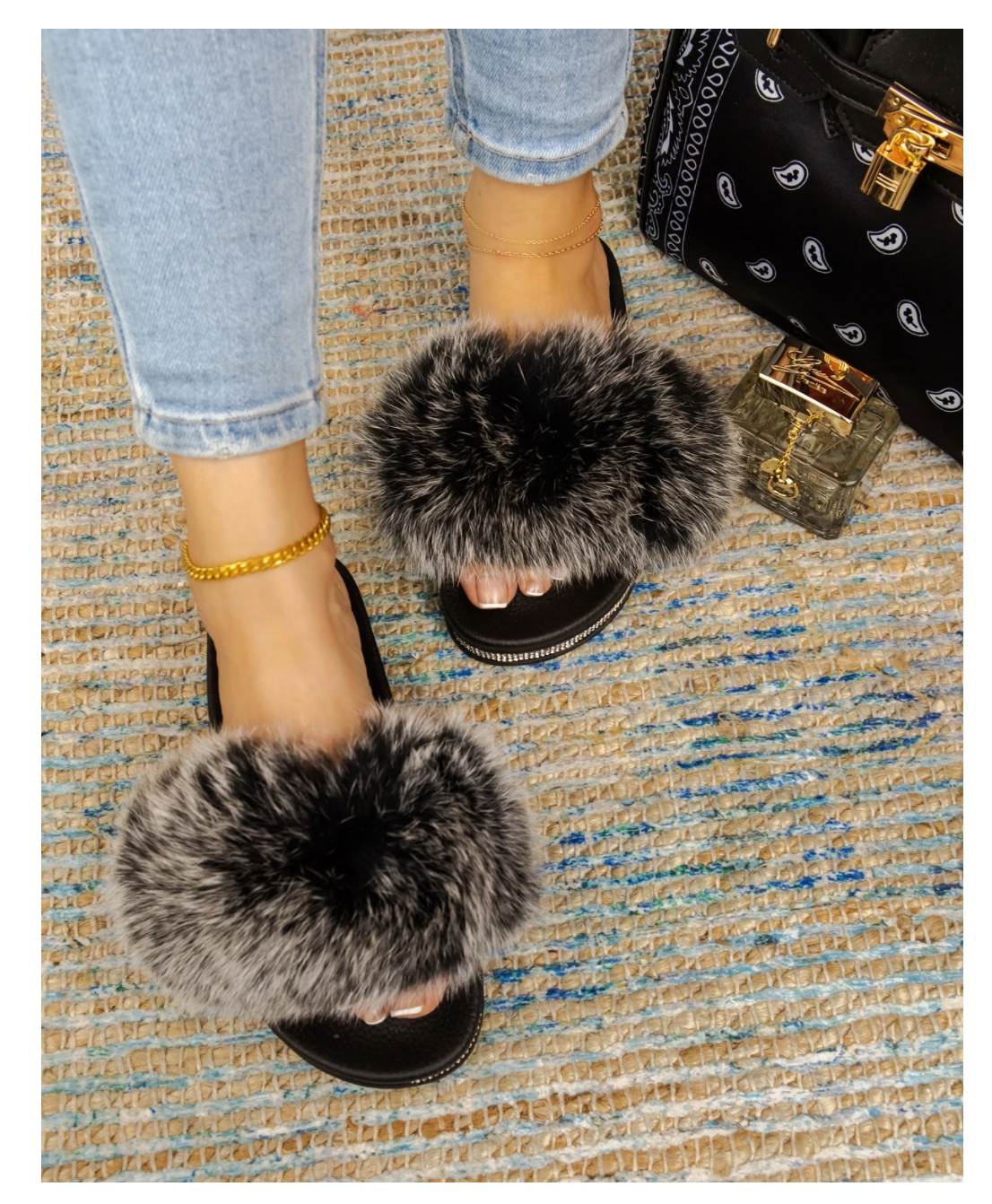 "Haley" Gray Jeweled Faux Fur Slides