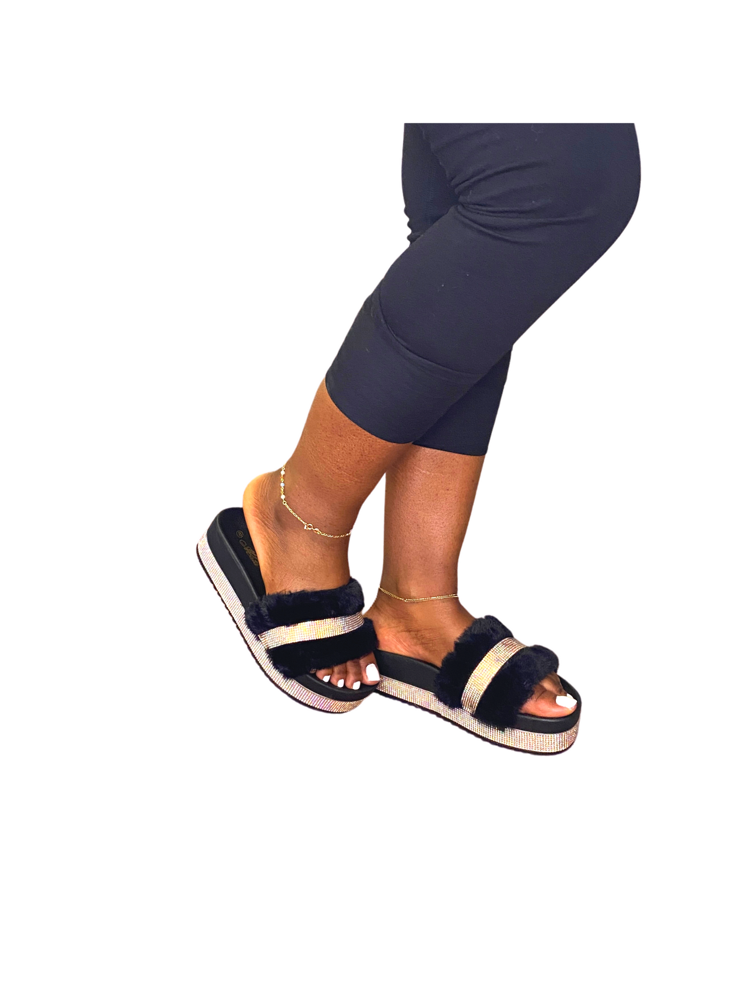 "Nia" Black Jeweled Platform Faux Fur Slides