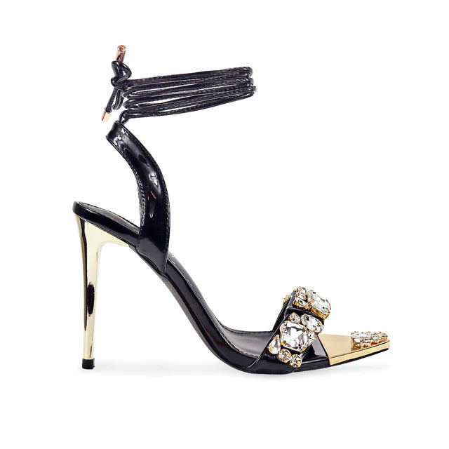 "Lala" Black Jeweled Lace Up Heels