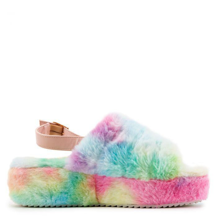 "Snuggles" Cotton Candy Faux Fur Platform Slides