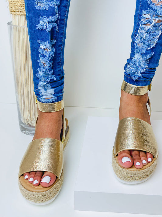 "Goldie" Gold Ankle Buckle Wedge Sandals