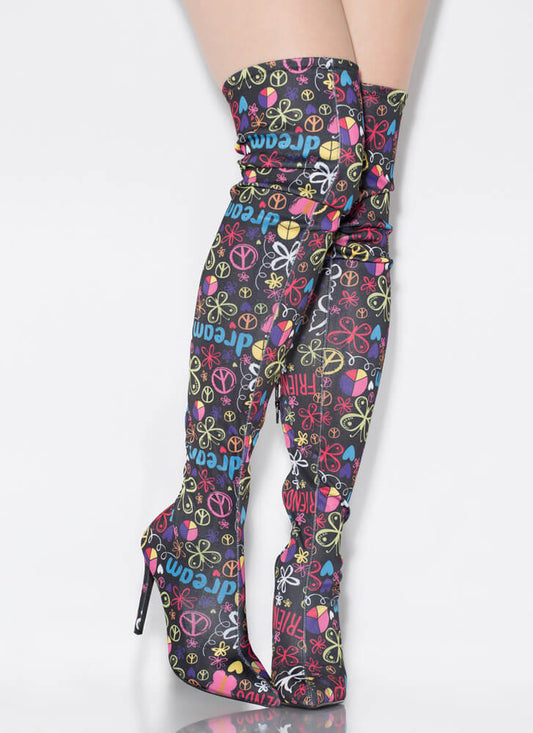 "Gisselle" Graffiti Print Thigh High Boots
