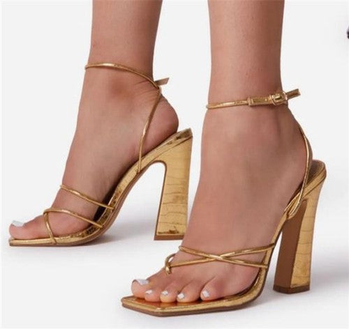 "Alexandra" Strappy Gold Block Heels