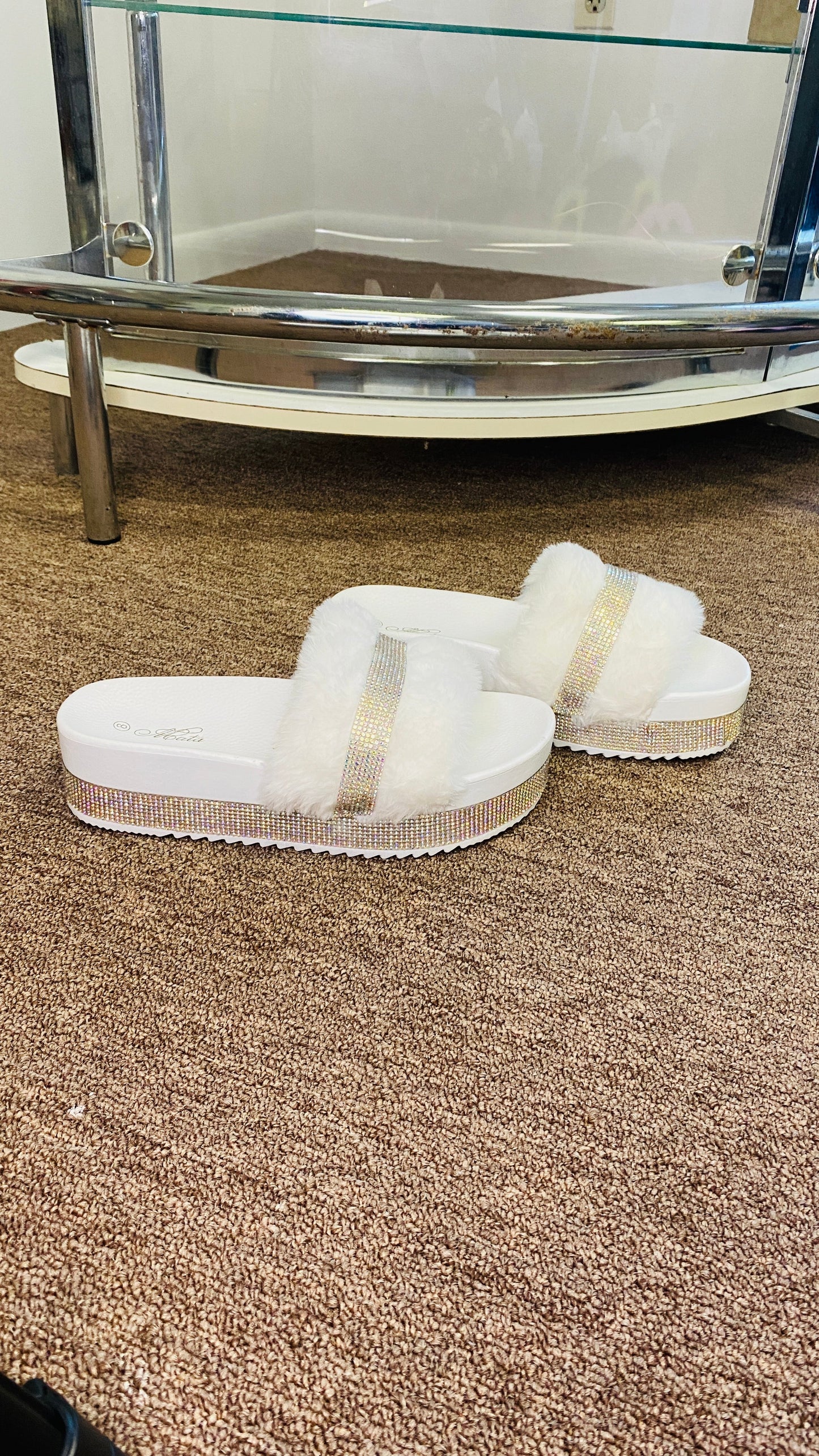 "Nia" White Jeweled Platform Faux Fur Slides
