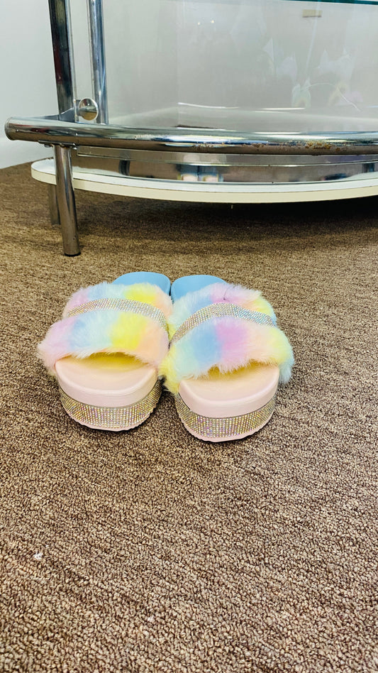 "Nia" Rainbow Jeweled Platform Faux Fur Slides
