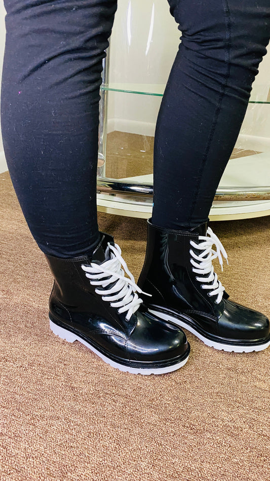 "Janet" Black/White Lace up Rain Boots