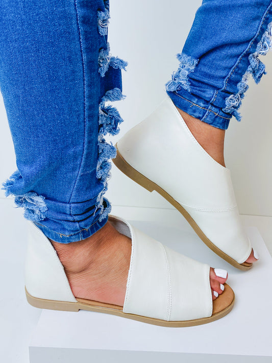"Megan" White Side Cut Wrap Flat Sandal