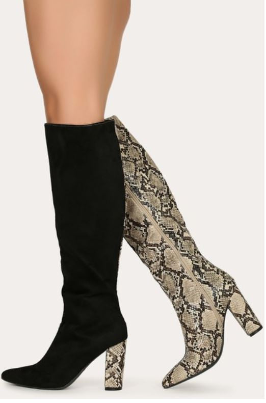 "Penny" Two-Tone Black and Beige Calf Boots