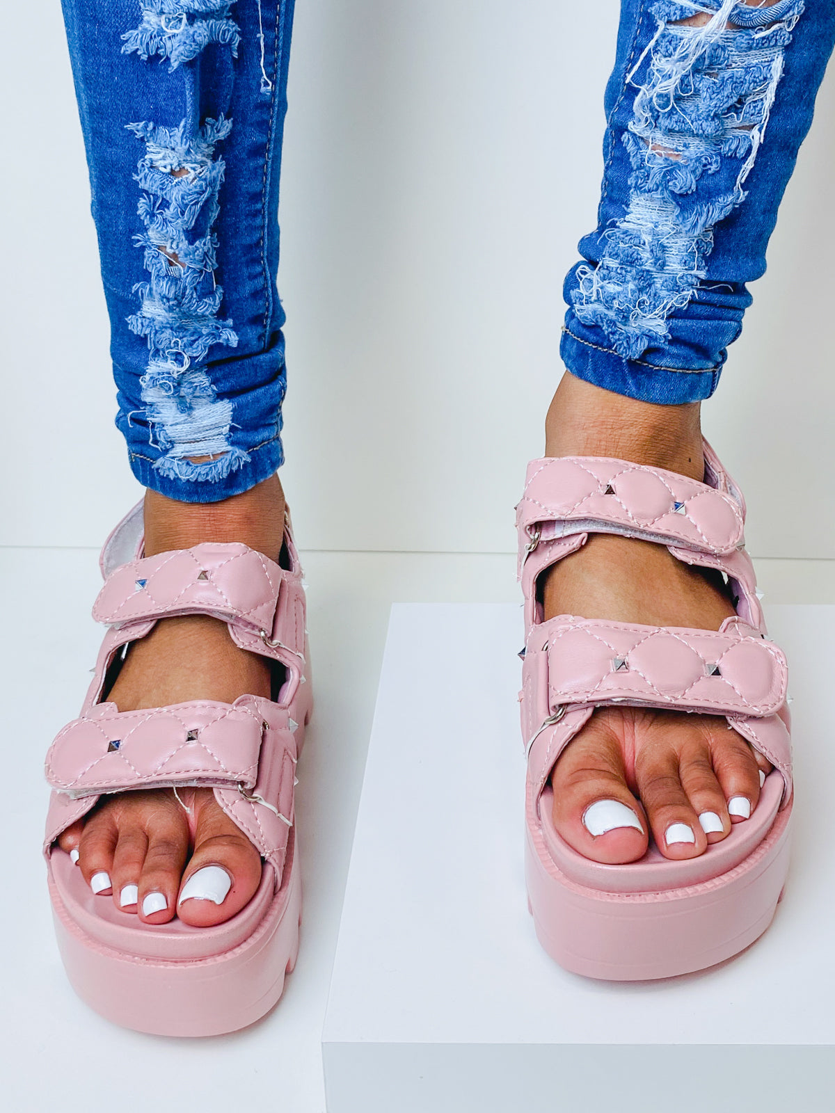 "Jamie" Pink Velcro Strap Platform Sandals