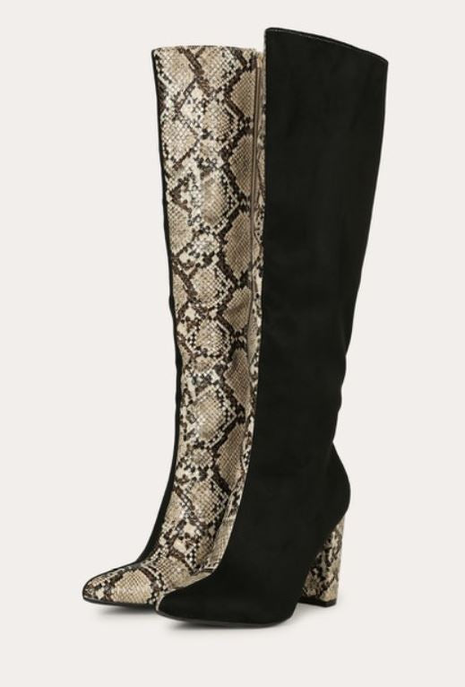 "Penny" Two-Tone Black and Beige Calf Boots