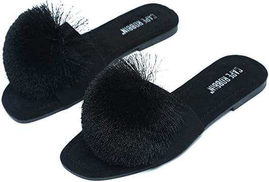 "Beverly" Pom Pom Black Sandals