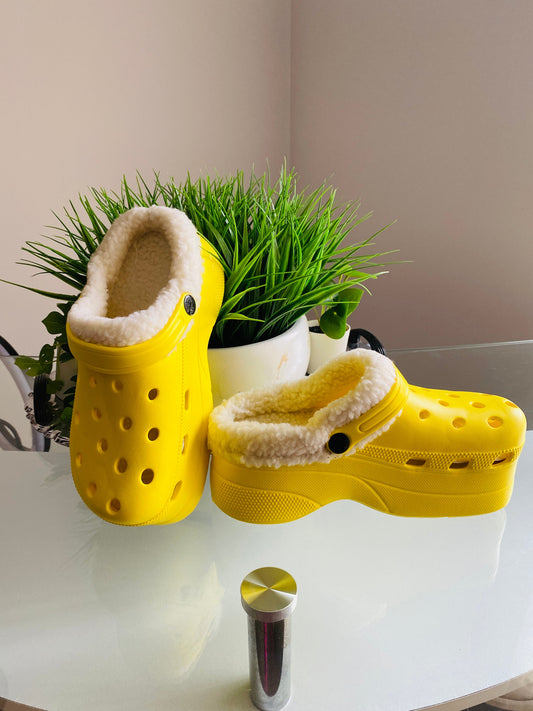 "Taylor" Yellow Fur Lined Platform Clogs