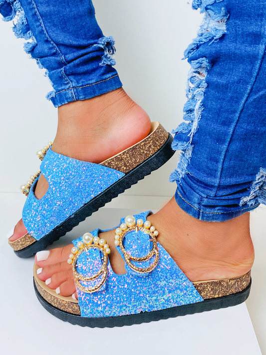 "Chelsea" Glitter and Pearl Slide on Sandals