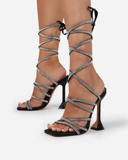"Soleil" Black Strappy Rhinestone Heels
