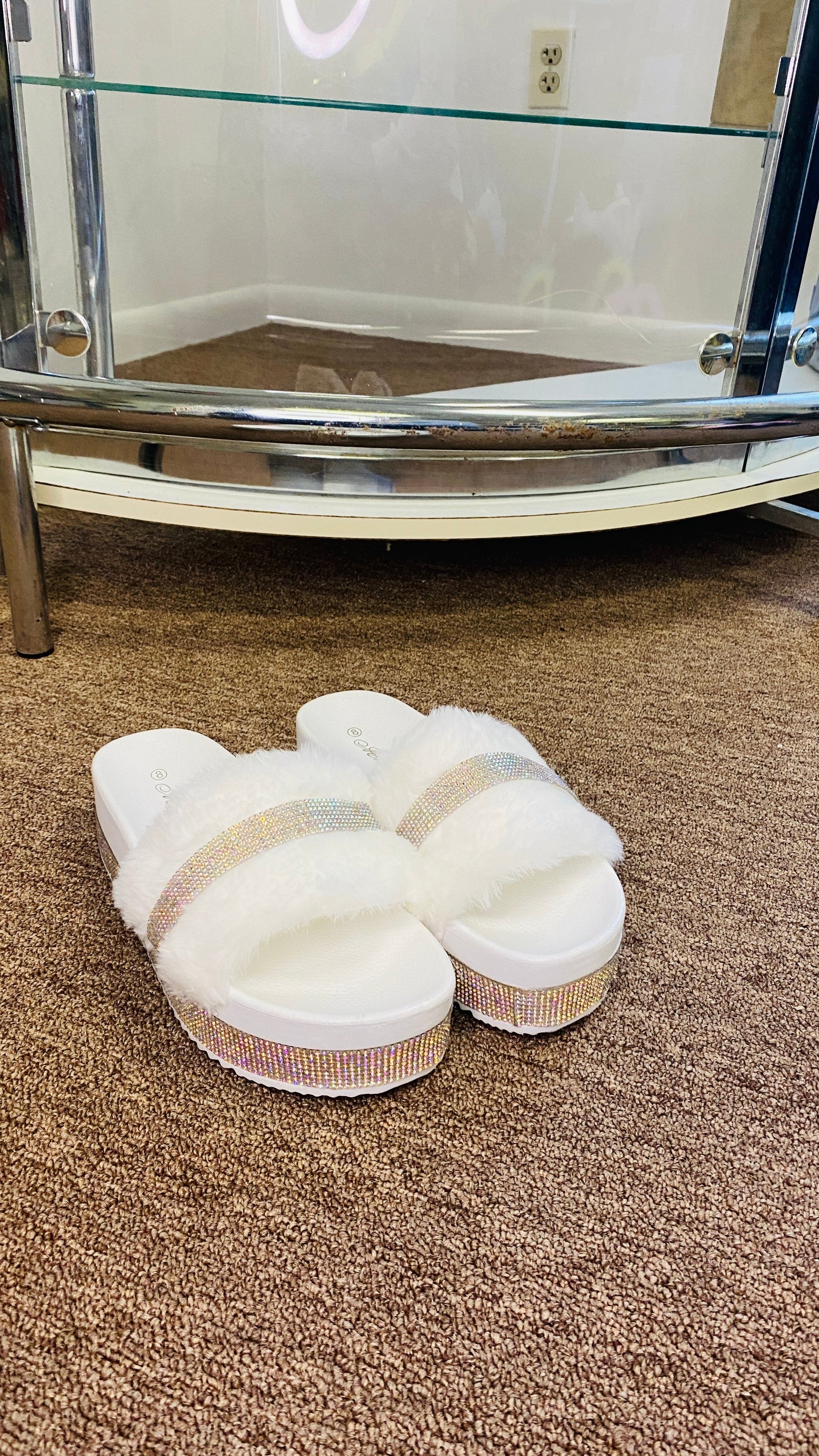 "Nia" White Jeweled Platform Faux Fur Slides