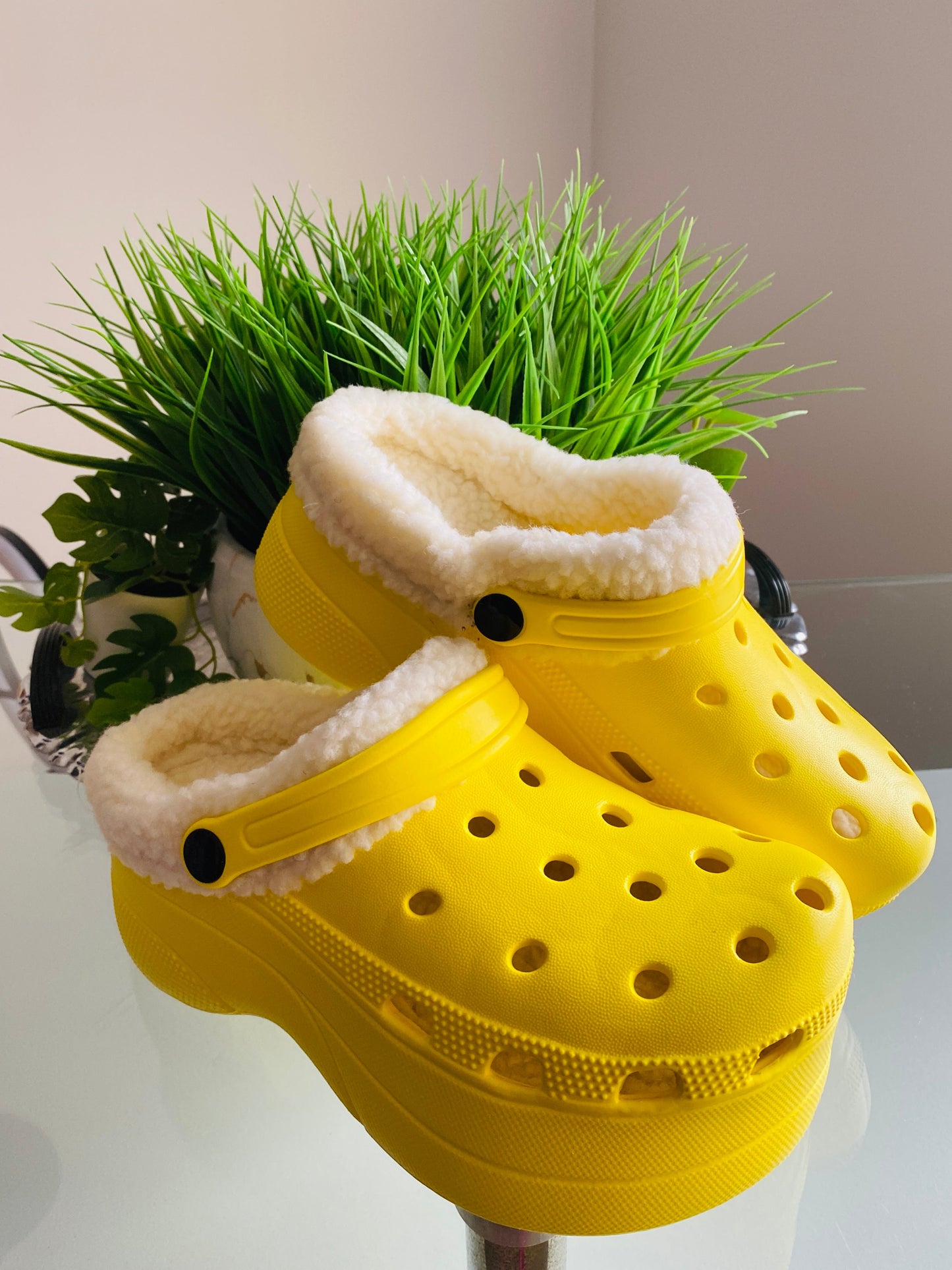 "Taylor" Yellow Fur Lined Platform Clogs