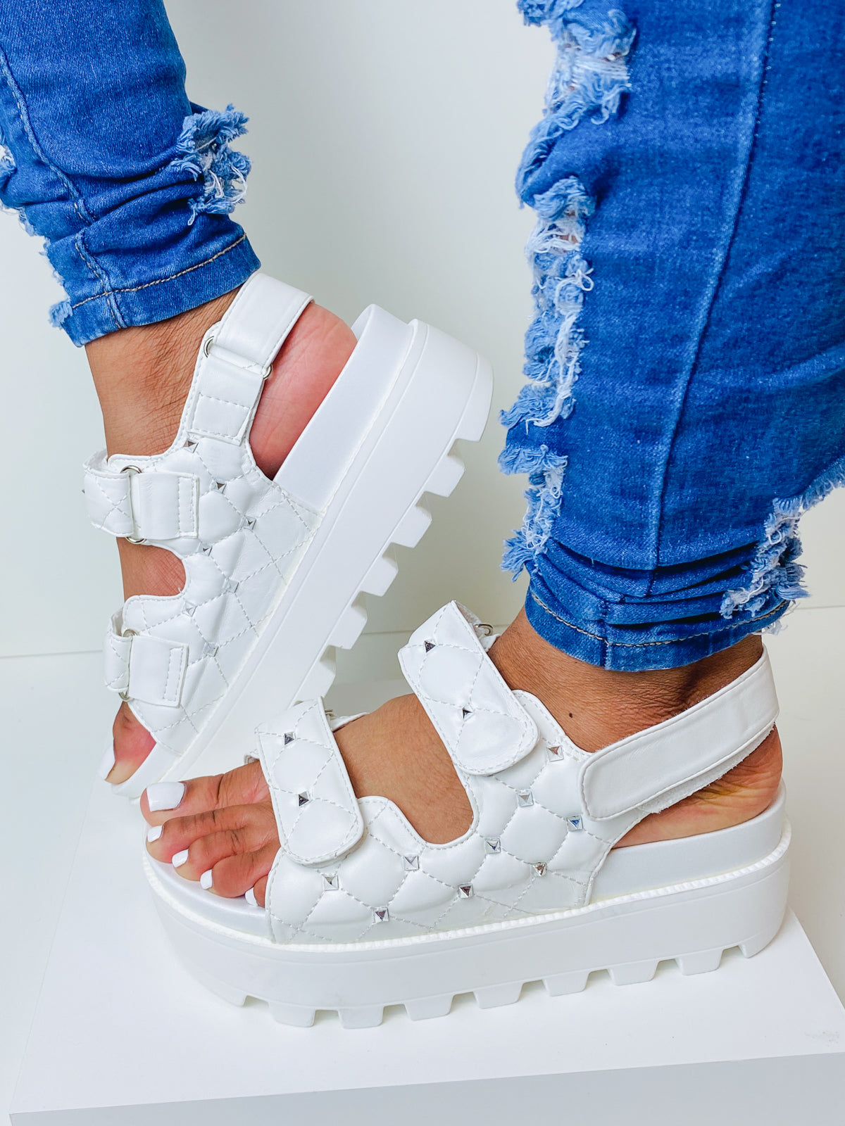 "Jamie" White Velcro Strap Platform Sandals