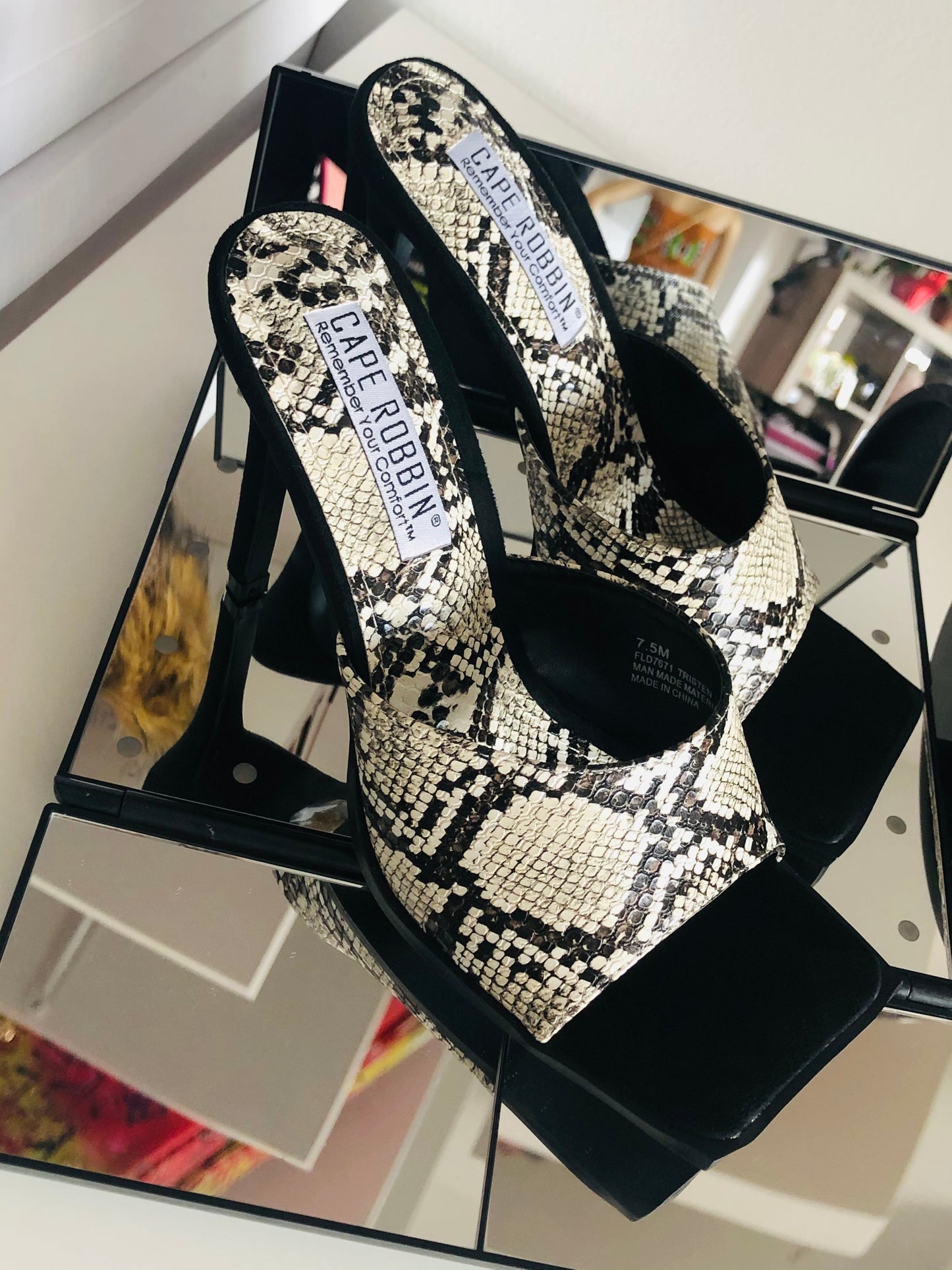 "Jackie" Square Toe Snake Print Heels