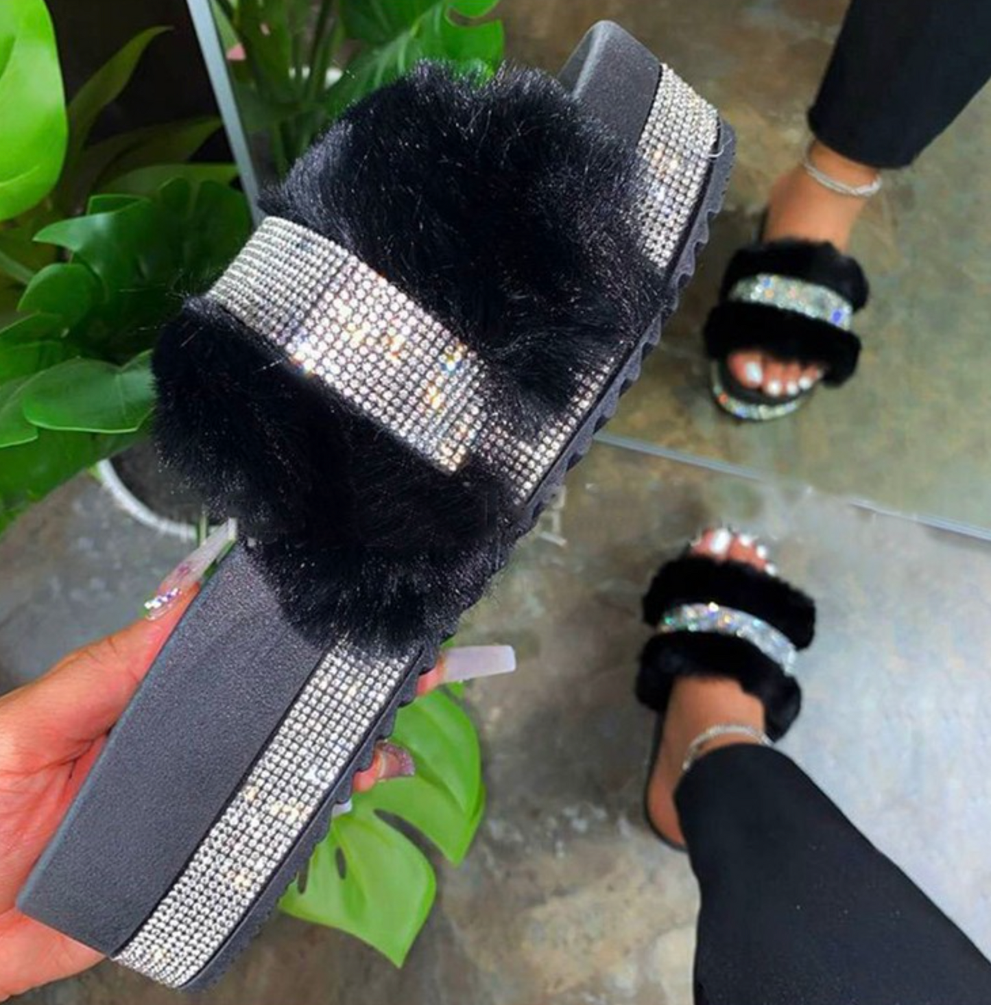 "Nia" Black Jeweled Platform Faux Fur Slides