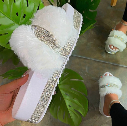 "Nia" White Jeweled Platform Faux Fur Slides