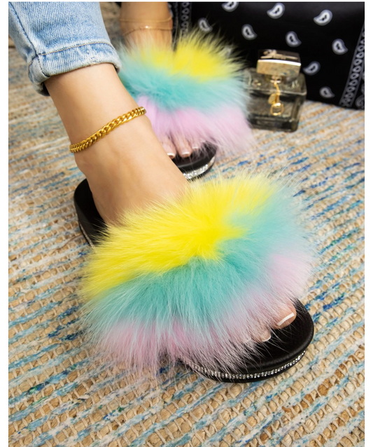 "Haley" Rainbow Jeweled Faux Fur Slides