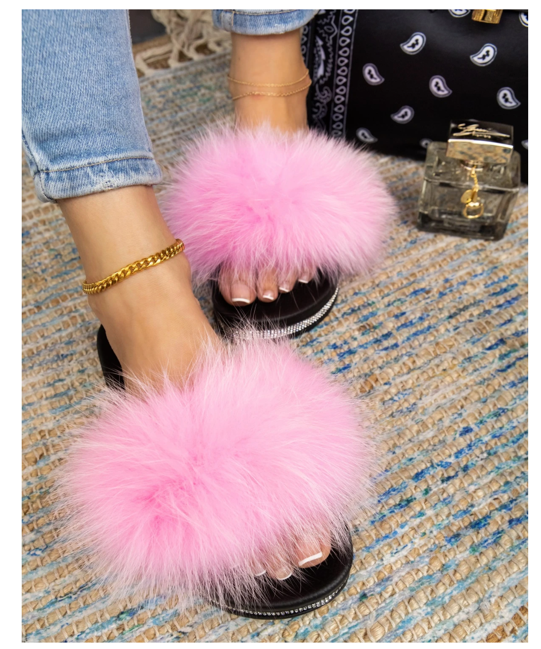 "Haley" Pink Jeweled Faux Fur Slides