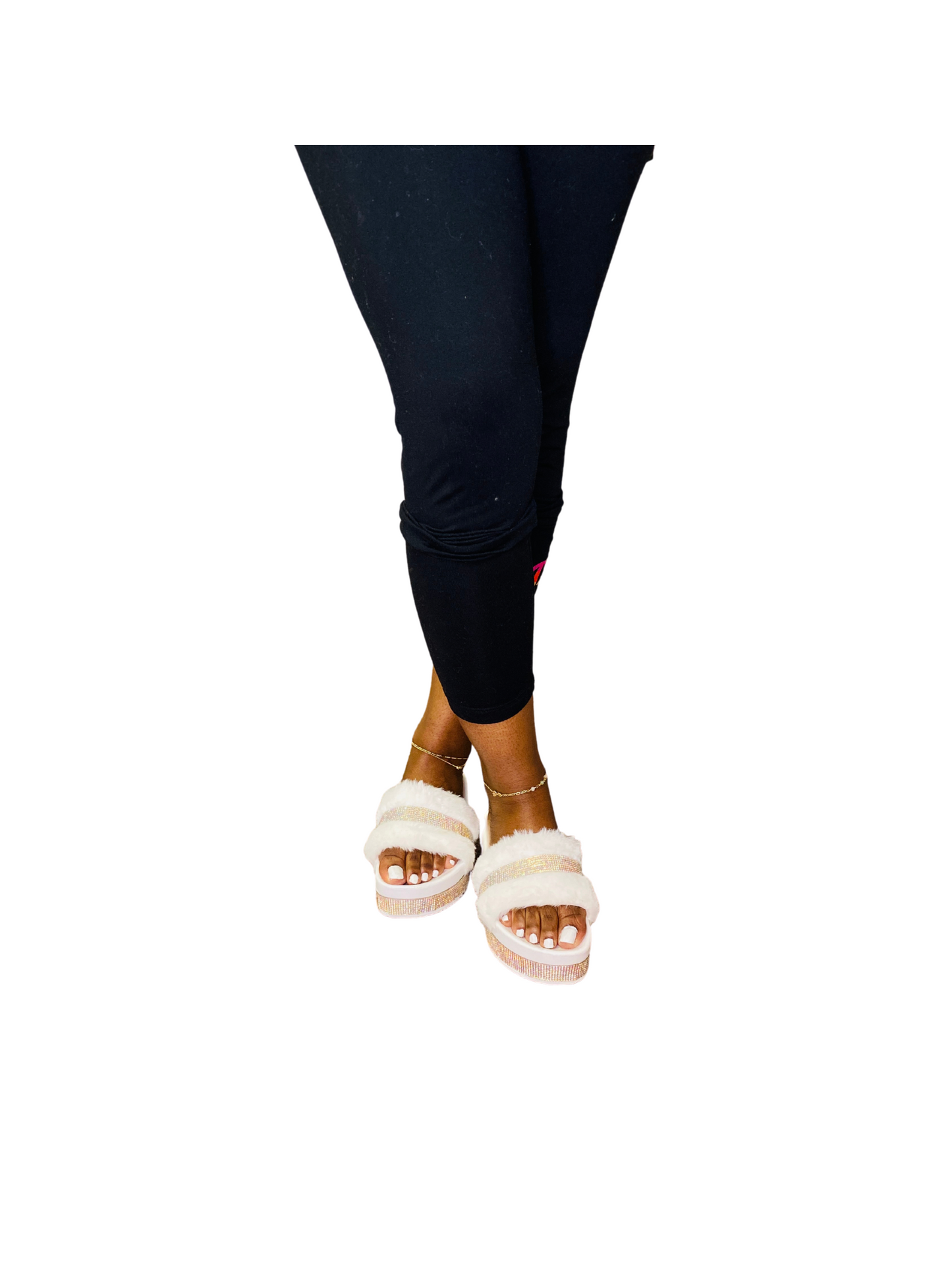 "Nia" White Jeweled Platform Faux Fur Slides