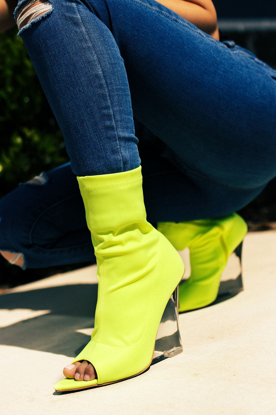 "Pier" Lime Green Peep Toe Wedge Boots