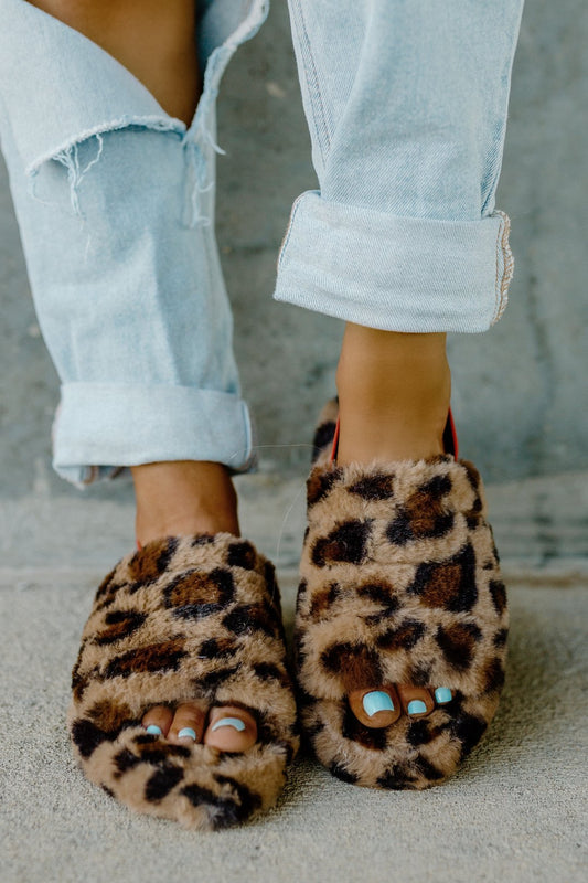 "Snuggles" Leopard Print Faux Fur Platform Slides