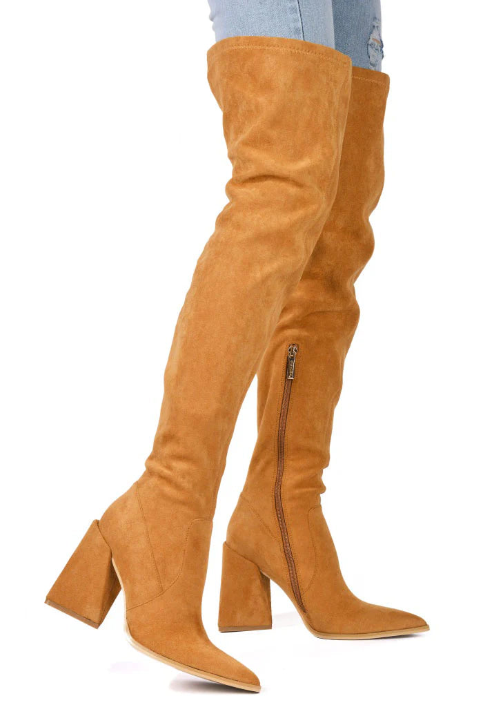Tan top thigh boots