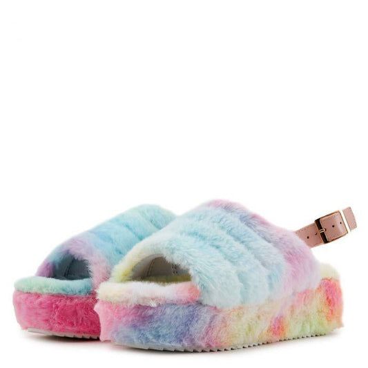 "Snuggles" Cotton Candy Faux Fur Platform Slides